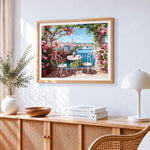 Balcony roses and harbour town paint by numbers artwork displayed on wall as home decor
