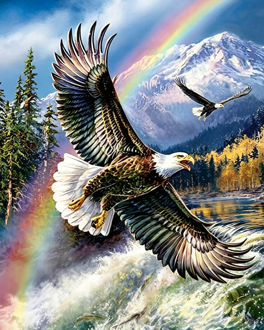 Bald eagle flying over mountains and rainbow cross stitch kit for beginners