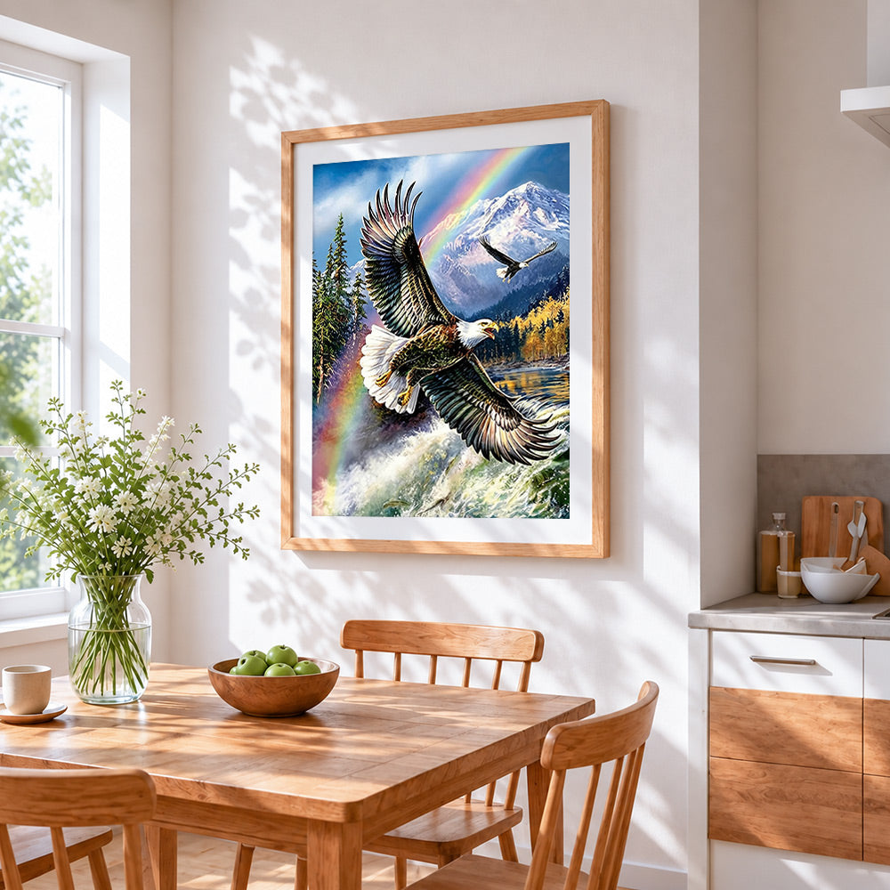 Bald eagle flying over mountains and rainbow cross stitch artwork displayed on wall as home decor