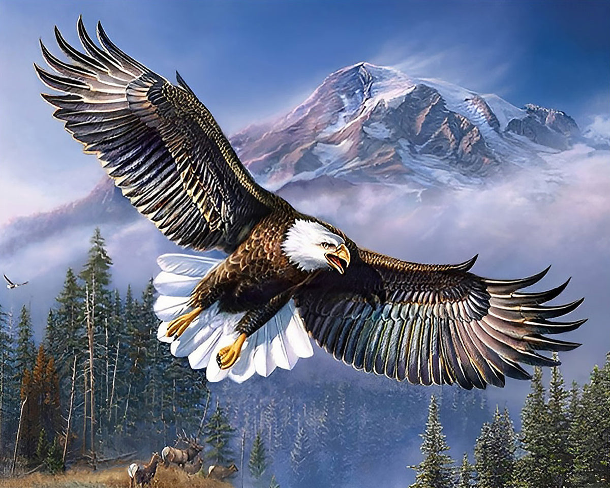 Bald eagle flying over snowy mountains cross stitch kit for beginners