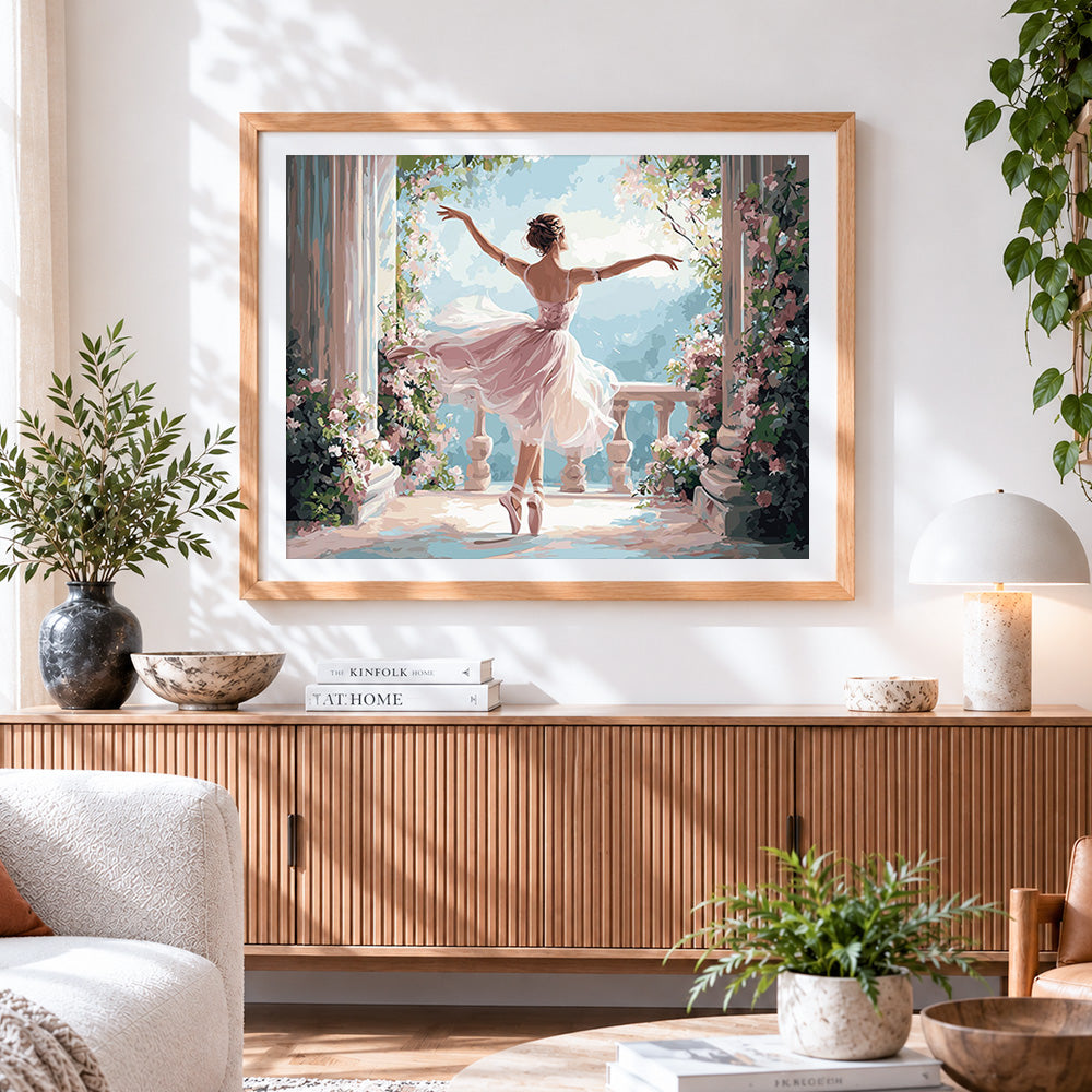 Finished ballerina dancing in garden cross stitch artwork displayed