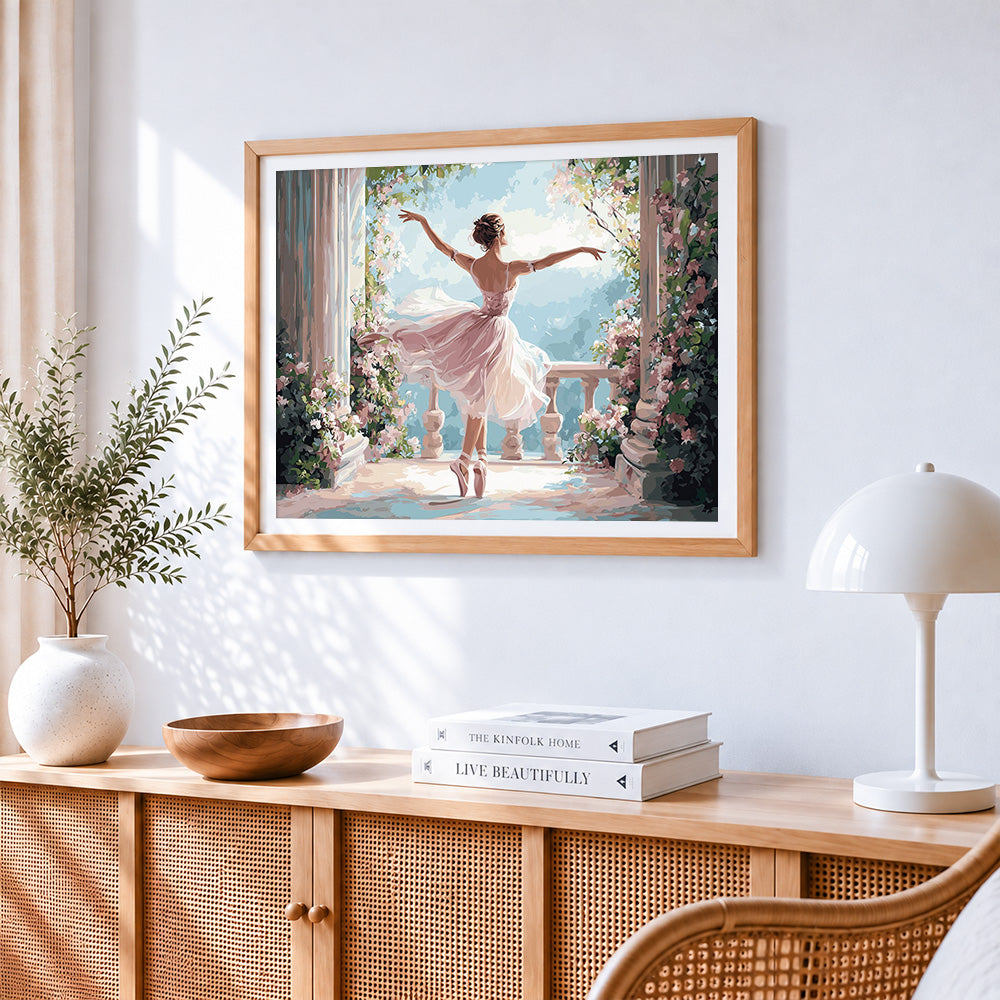 Ballerina dancing in garden cross stitch artwork displayed on wall as home decor