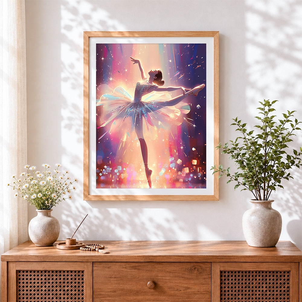 Finished ballerina in warm stage light cross stitch artwork displayed