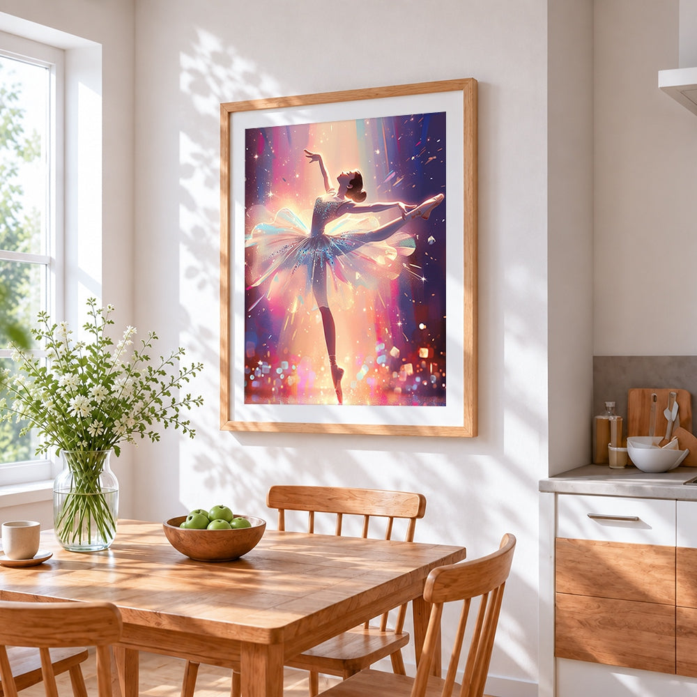 Ballerina in warm stage light cross stitch artwork displayed on wall as home decor
