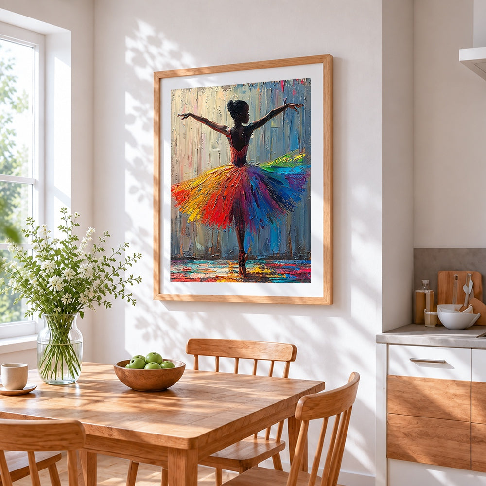 Ballerina with rainbow tutu cross stitch artwork displayed on wall as home decor