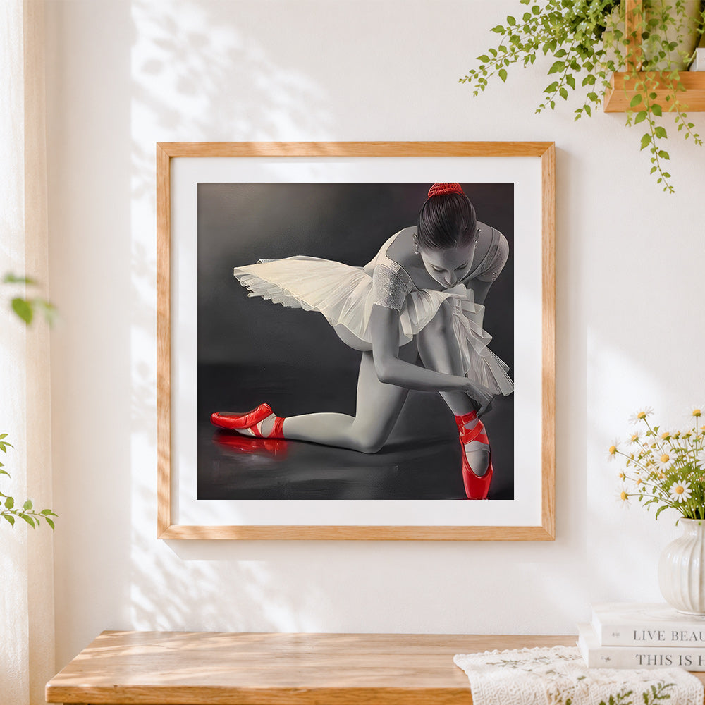 Finished ballerina with red ballet shoes paint by numbers artwork displayed as home decor