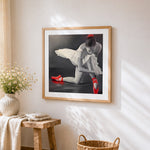 Ballerina with red ballet shoes paint by numbers artwork displayed on wall as home decor