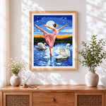 Finished ballerina with swans at moonlight cross stitch artwork displayed