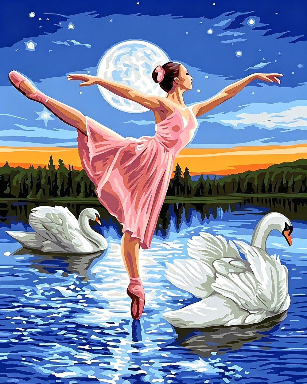 Ballerina with swans at moonlight cross stitch kit for beginners