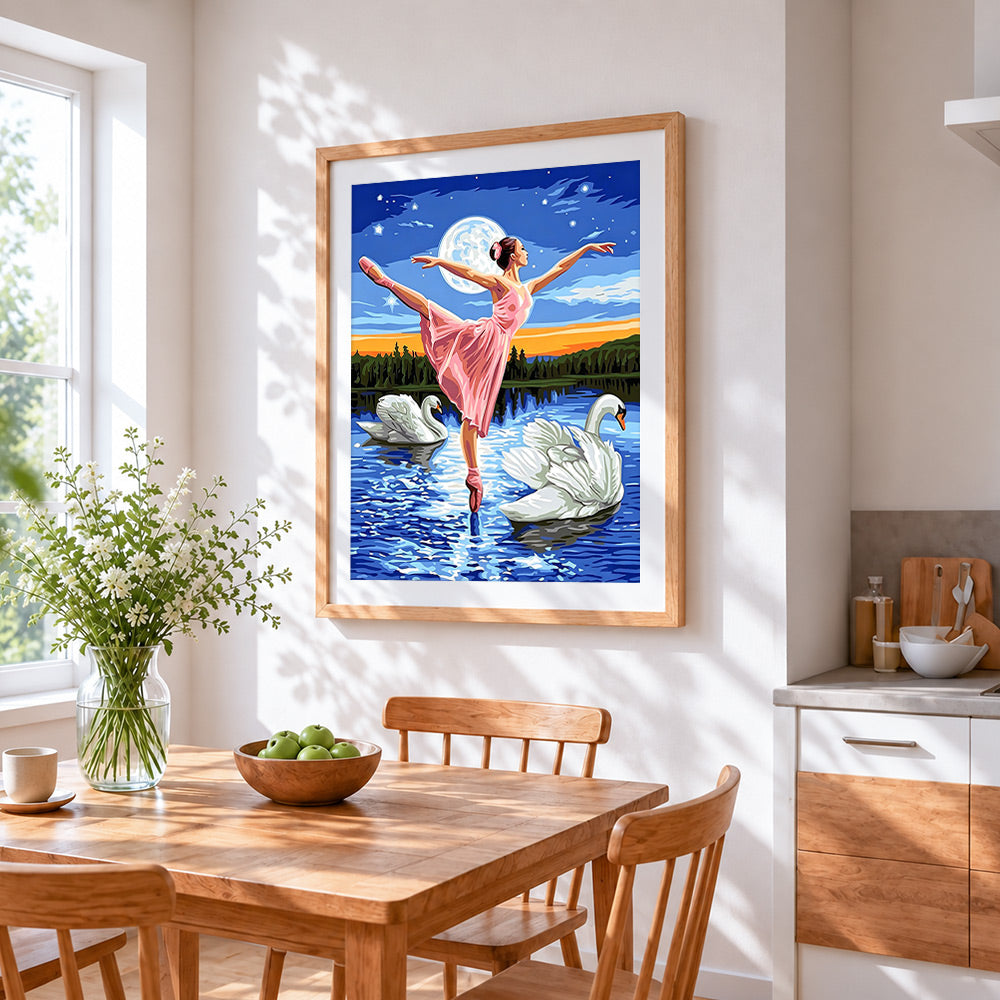 Ballerina with swans at moonlight cross stitch artwork displayed on wall as home decor