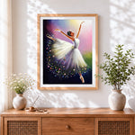 Finished ballet dancer in a white dress cross stitch artwork displayed