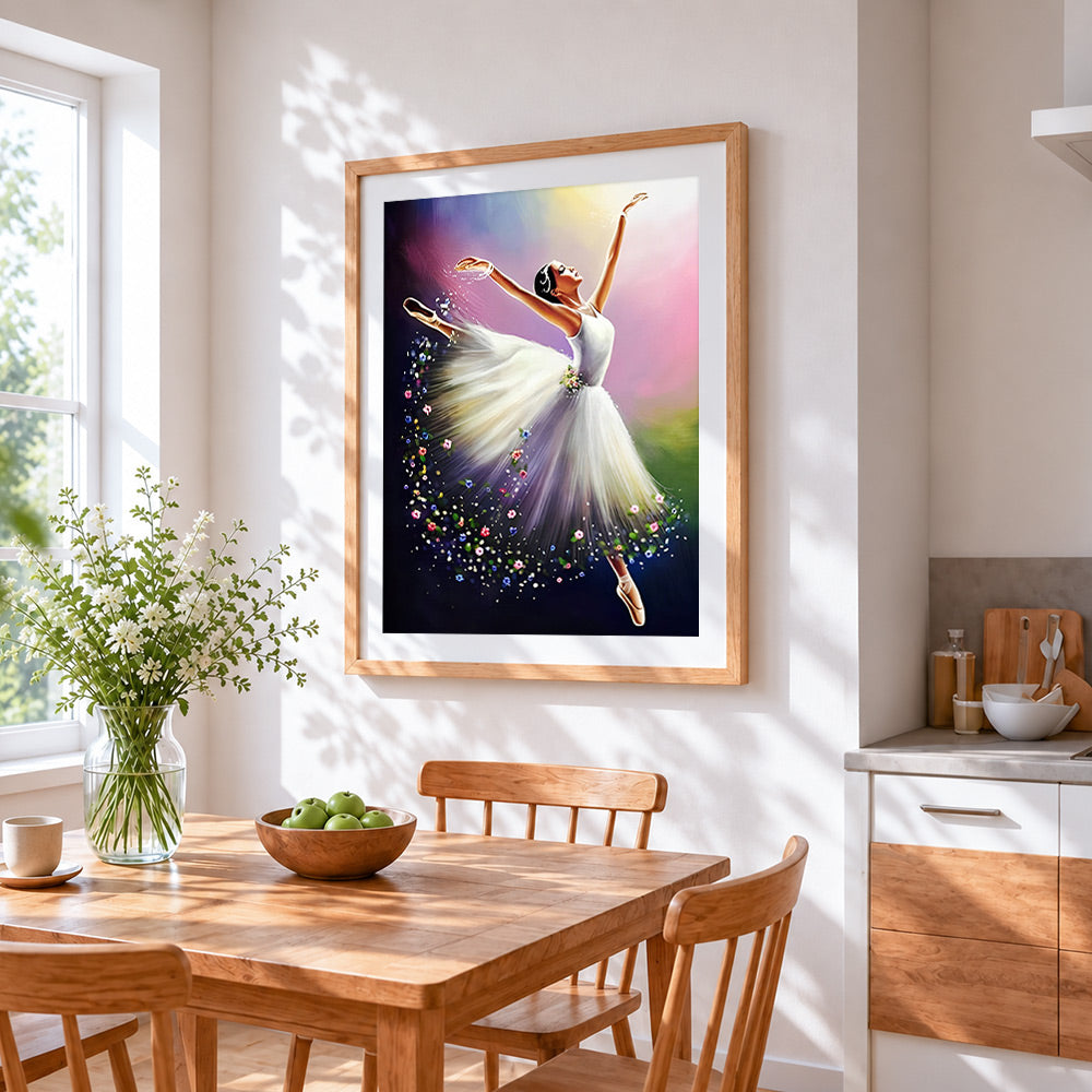 Ballet dancer in a white dress cross stitch artwork displayed on wall as home decor