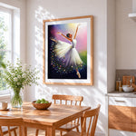 Ballet dancer in a white dress cross stitch artwork displayed on wall as home decor