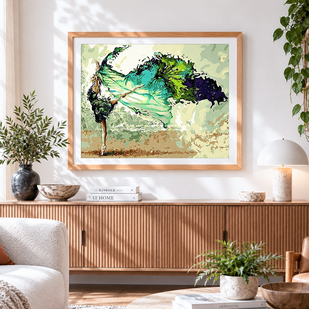 Finished ballet dancer in flowing green dress paint by numbers artwork displayed as home decor