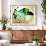 Finished ballet dancer in flowing green dress paint by numbers artwork displayed as home decor