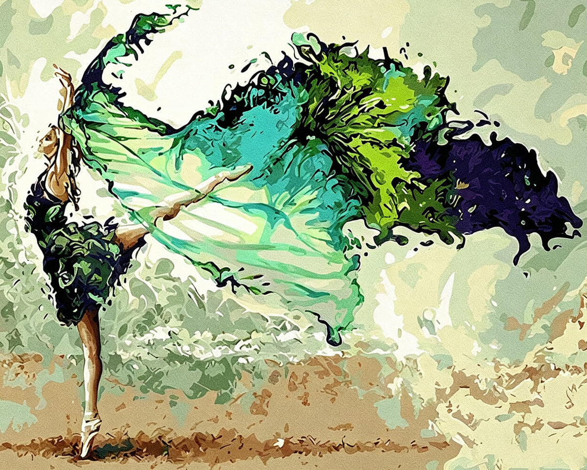 Ballet dancer in flowing green dress paint by numbers kit for beginners