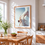 Ballet dancer with flowing white dress cross stitch artwork displayed on wall as home decor