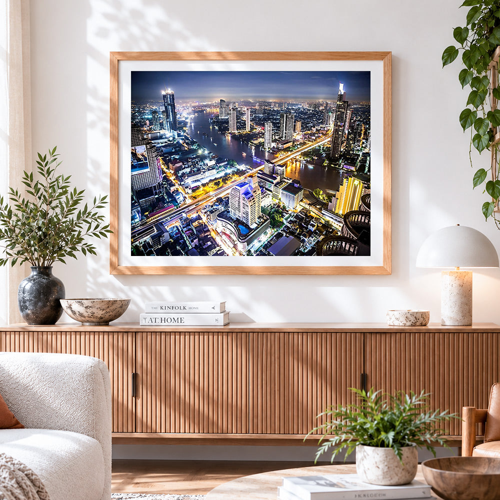 Finished bangkok skyline at night cross stitch artwork displayed