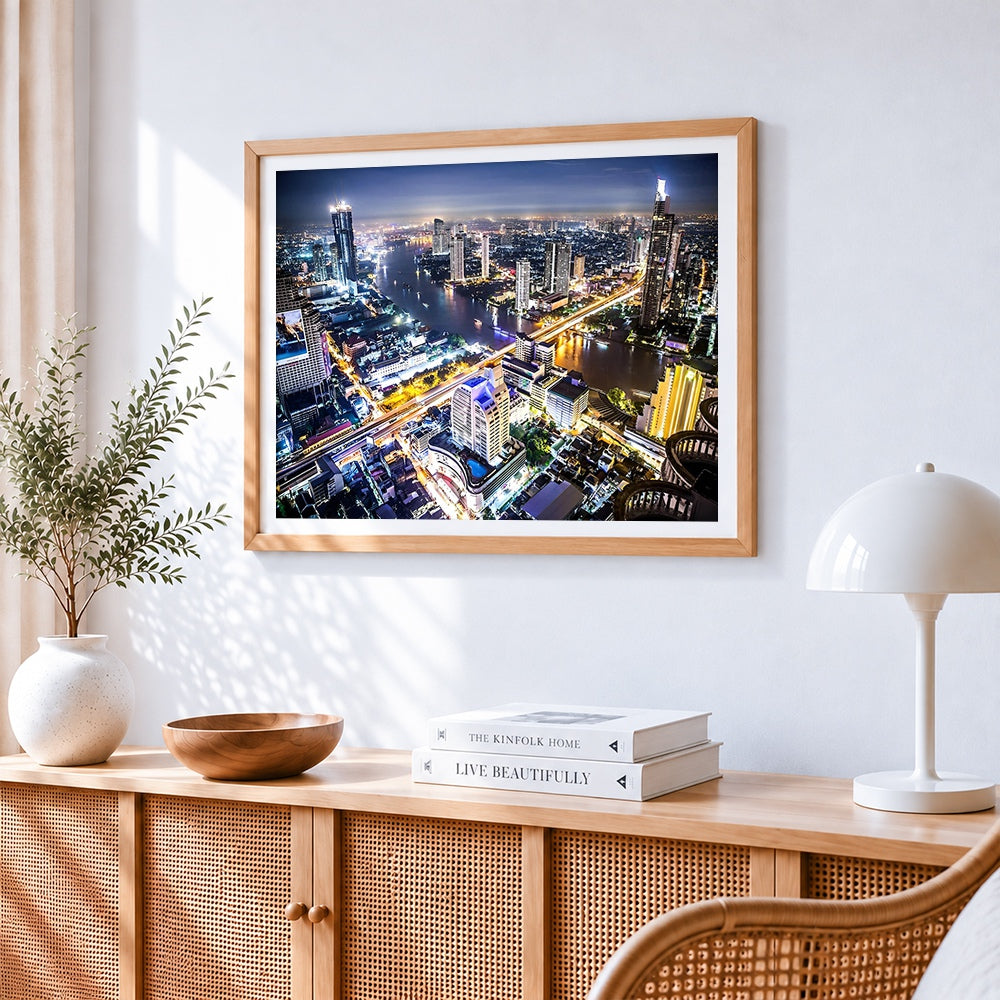 Bangkok skyline at night cross stitch artwork displayed on wall as home decor