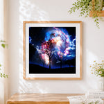 Finished bare trees under starry galaxy cross stitch artwork displayed