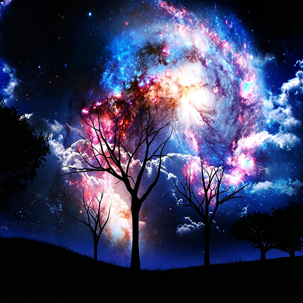 Bare trees under starry galaxy cross stitch kit for beginners