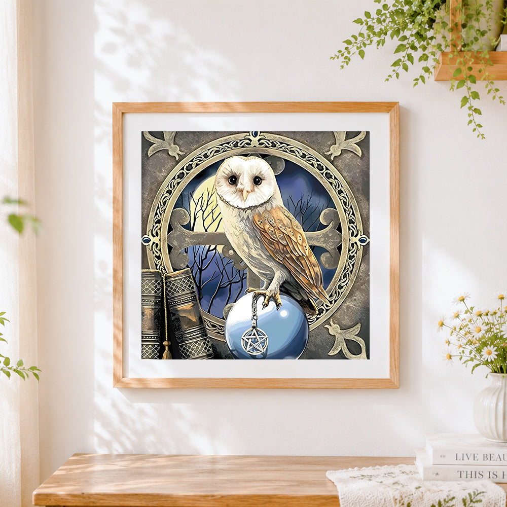 Finished barn owl with pentagram cross stitch artwork displayed