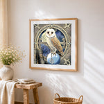 Barn owl with pentagram cross stitch artwork displayed on wall as home decor