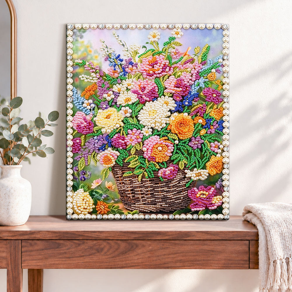Finished basket of colourful blooms pearl diamond painting artwork displayed as home decor
