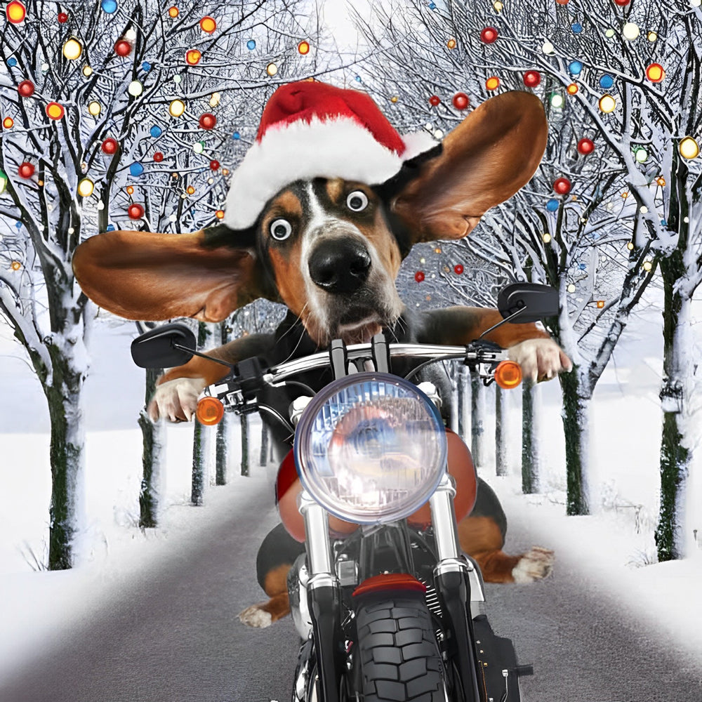 Basset hound riding a motorbike with santa hat cross stitch kit for beginners
