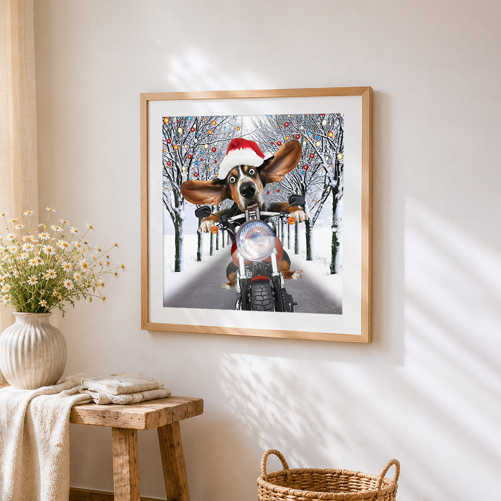 Basset hound riding a motorbike with santa hat cross stitch artwork displayed on wall as home decor