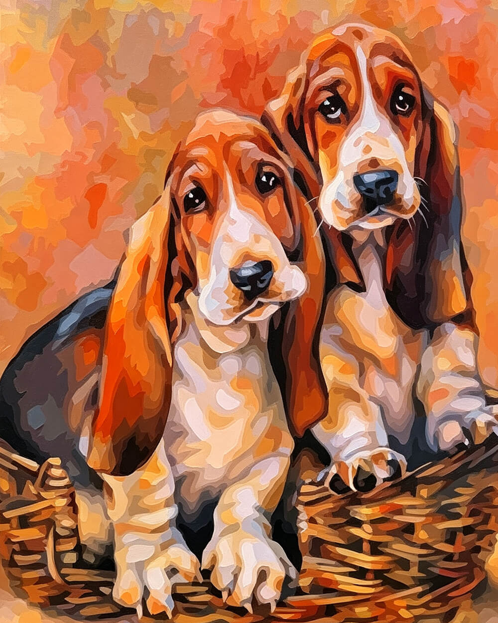 Basset hounds in a basket cross stitch kit for beginners