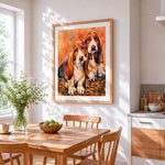 Basset hounds in a basket cross stitch artwork displayed on wall as home decor