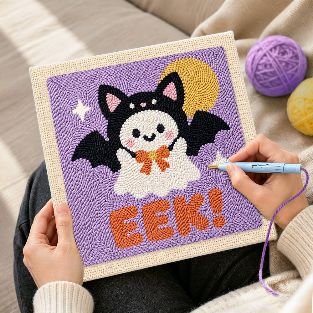 Creating handmade bat costume ghost punch needle artwork