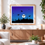 Finished bat silhouettes over a graveyard cross stitch artwork displayed