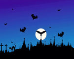Bat silhouettes over a graveyard cross stitch kit for beginners