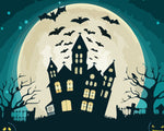 Bats flying over haunted house and full moon cross stitch kit for beginners