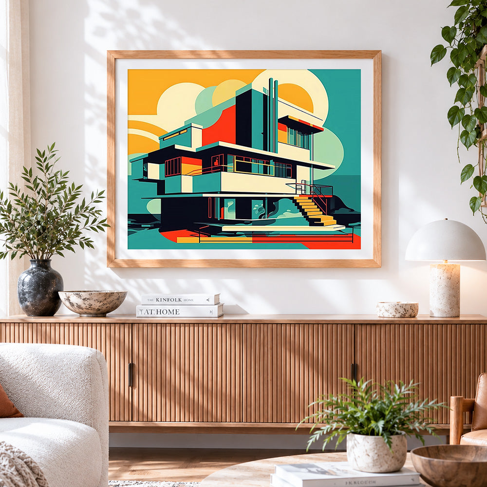 Finished bauhaus style modern villa paint by numbers artwork displayed as home decor
