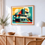 Bauhaus style modern villa paint by numbers artwork displayed on wall as home decor