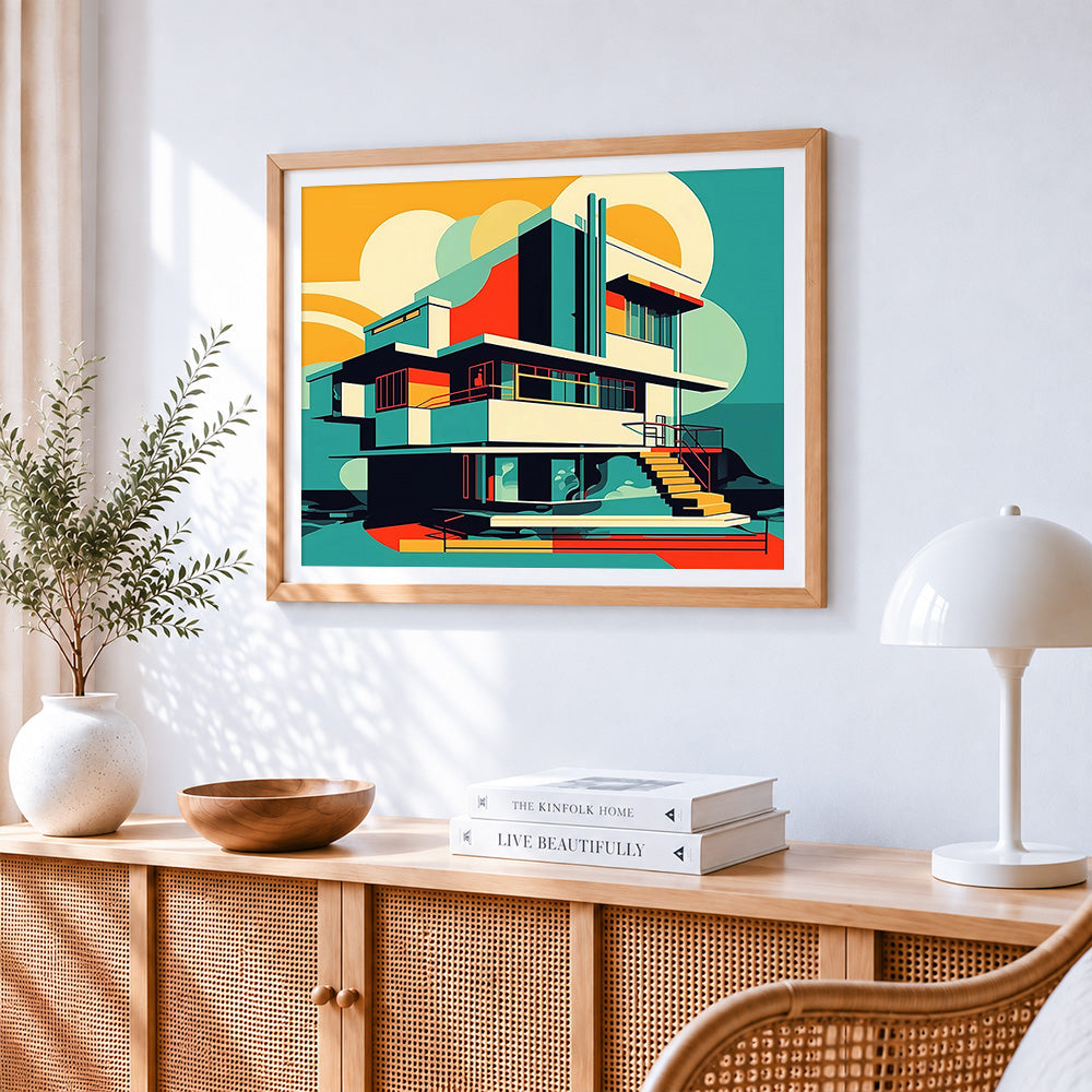 Bauhaus style modern villa paint by numbers artwork displayed on wall as home decor