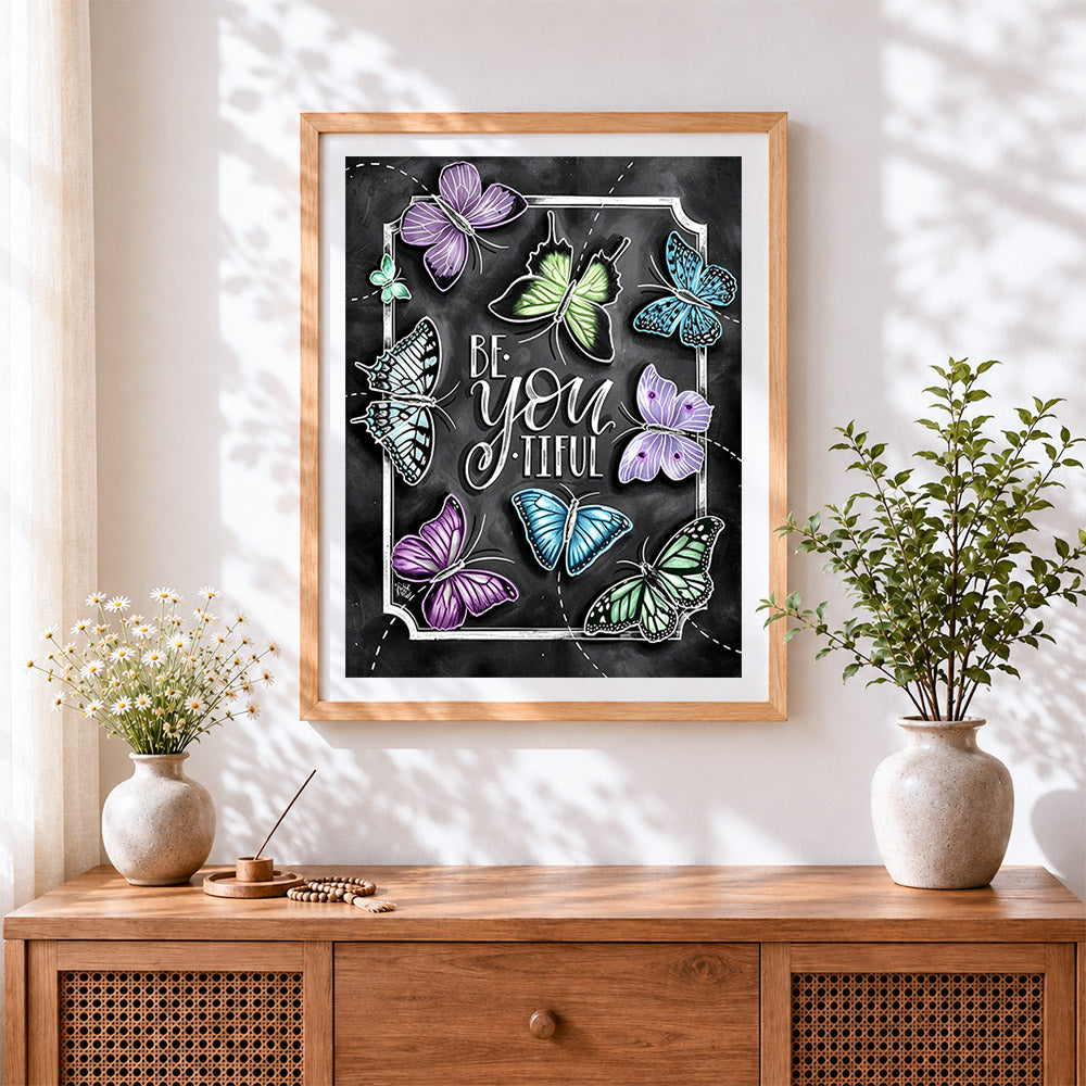 Finished be you tiful butterfly quote cross stitch artwork displayed