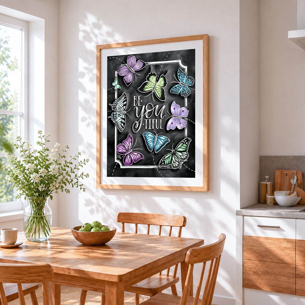 Be you tiful butterfly quote cross stitch artwork displayed on wall as home decor