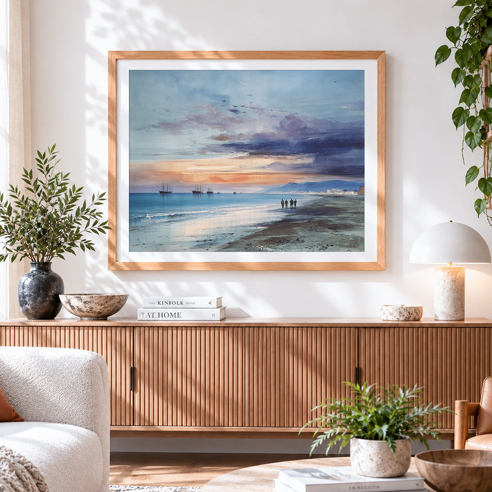 Finished beach and sailing ships at dusk paint by numbers artwork displayed as home decor