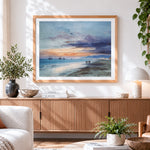 Finished beach and sailing ships at dusk paint by numbers artwork displayed as home decor