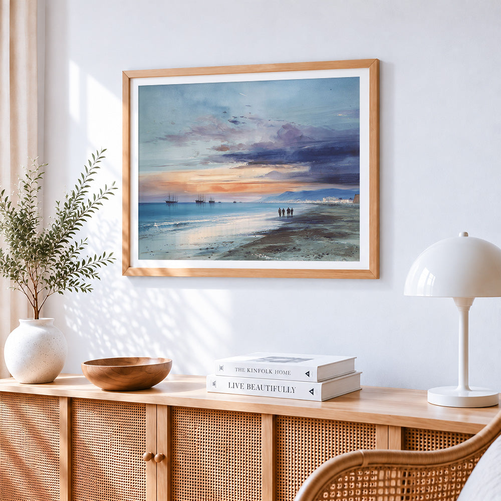 Beach and sailing ships at dusk paint by numbers artwork displayed on wall as home decor