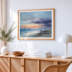 Beach and sailing ships at dusk paint by numbers artwork displayed on wall as home decor