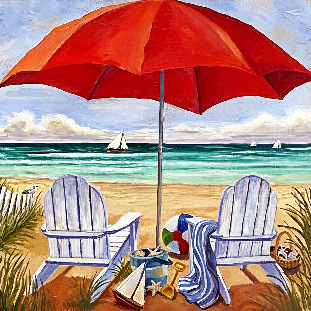Beach chairs and red umbrella cross stitch kit for beginners