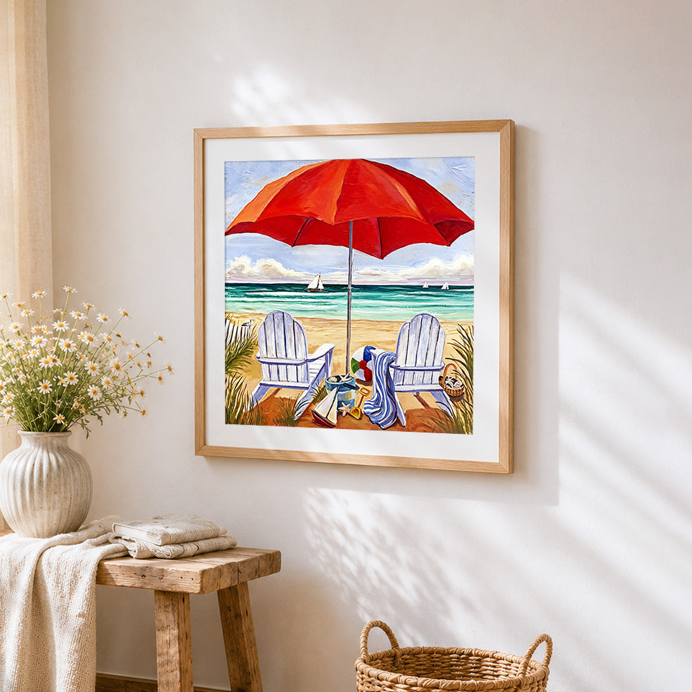 Beach chairs and red umbrella cross stitch artwork displayed on wall as home decor