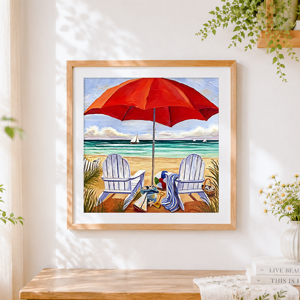 Finished beach chairs and red umbrella paint by numbers artwork displayed as home decor