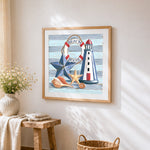 Beach house still life cross stitch artwork displayed on wall as home decor