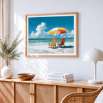 Beach parasol and chairs paint by numbers artwork displayed on wall as home decor